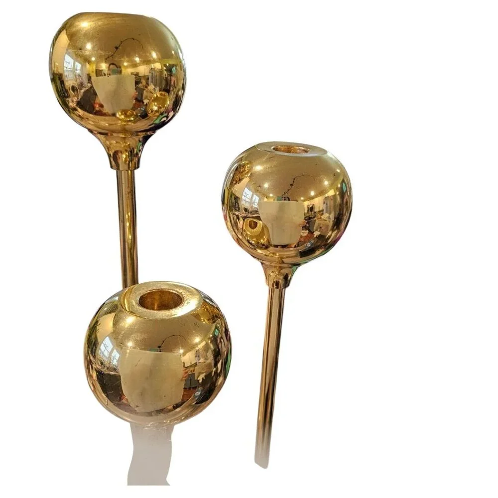 Vintage Gold Brass Tall Candle Sticks Set Of 3 Round Tulip Orb 22